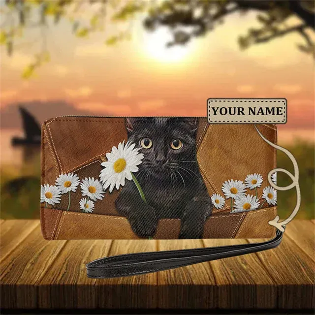 Personalized Cat Lovers Wristband Wallets Cute Cats Pattern Women PU Leather Clutch Wallet Female Long Card Purse Custom Name