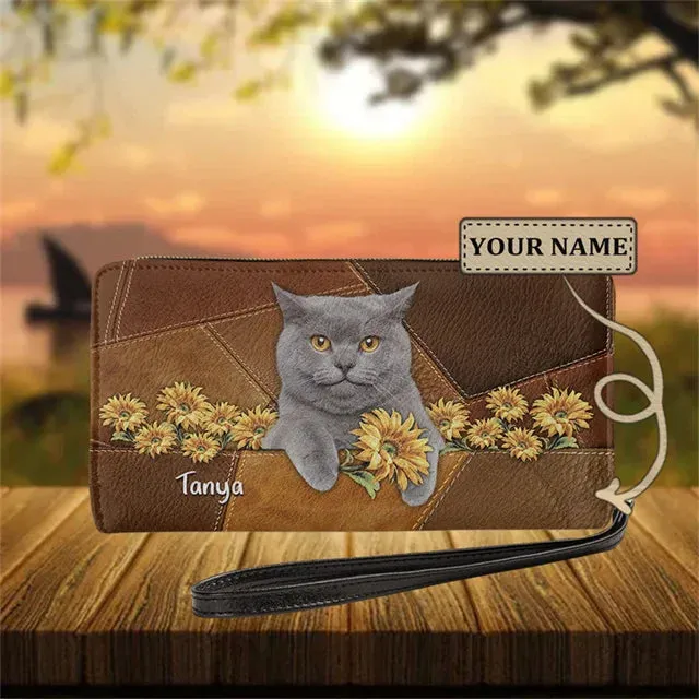 Personalized Cat Lovers Wristband Wallets Cute Cats Pattern Women PU Leather Clutch Wallet Female Long Card Purse Custom Name