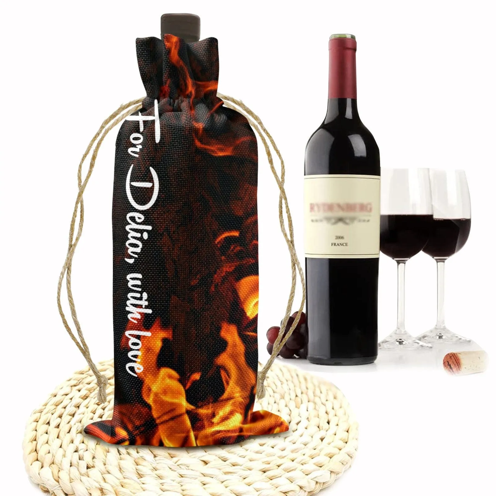 Personalized Wine Carrier Gift Bag Linen FireFlame Christmas Gift for wine lover Bridesmaid dad mom grandma birthday Housewarming Graduation