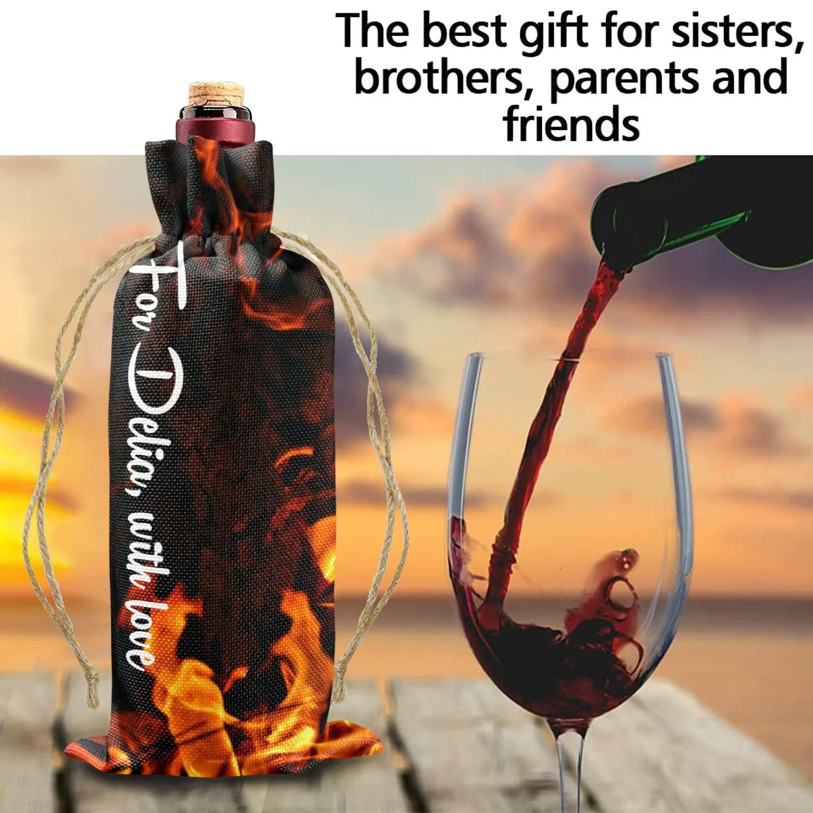 Personalized Wine Carrier Gift Bag Linen FireFlame Christmas Gift for wine lover Bridesmaid dad mom grandma birthday Housewarming Graduation