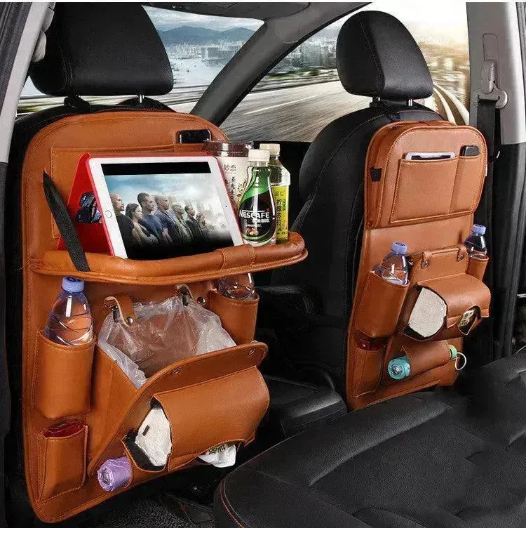 PU Leather Car Storage Bag Multifunction Seat Back Tray Hanging Bag Waterproof Car Seat Organizer Automotive Interior Accessories