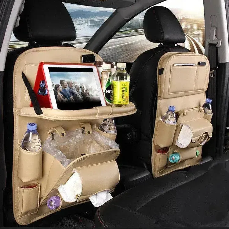 PU Leather Car Storage Bag Multifunction Seat Back Tray Hanging Bag Waterproof Car Seat Organizer Automotive Interior Accessories