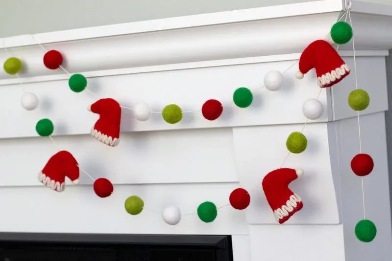 Santa Claus Hats Felt Christmas Garland- Red Green White