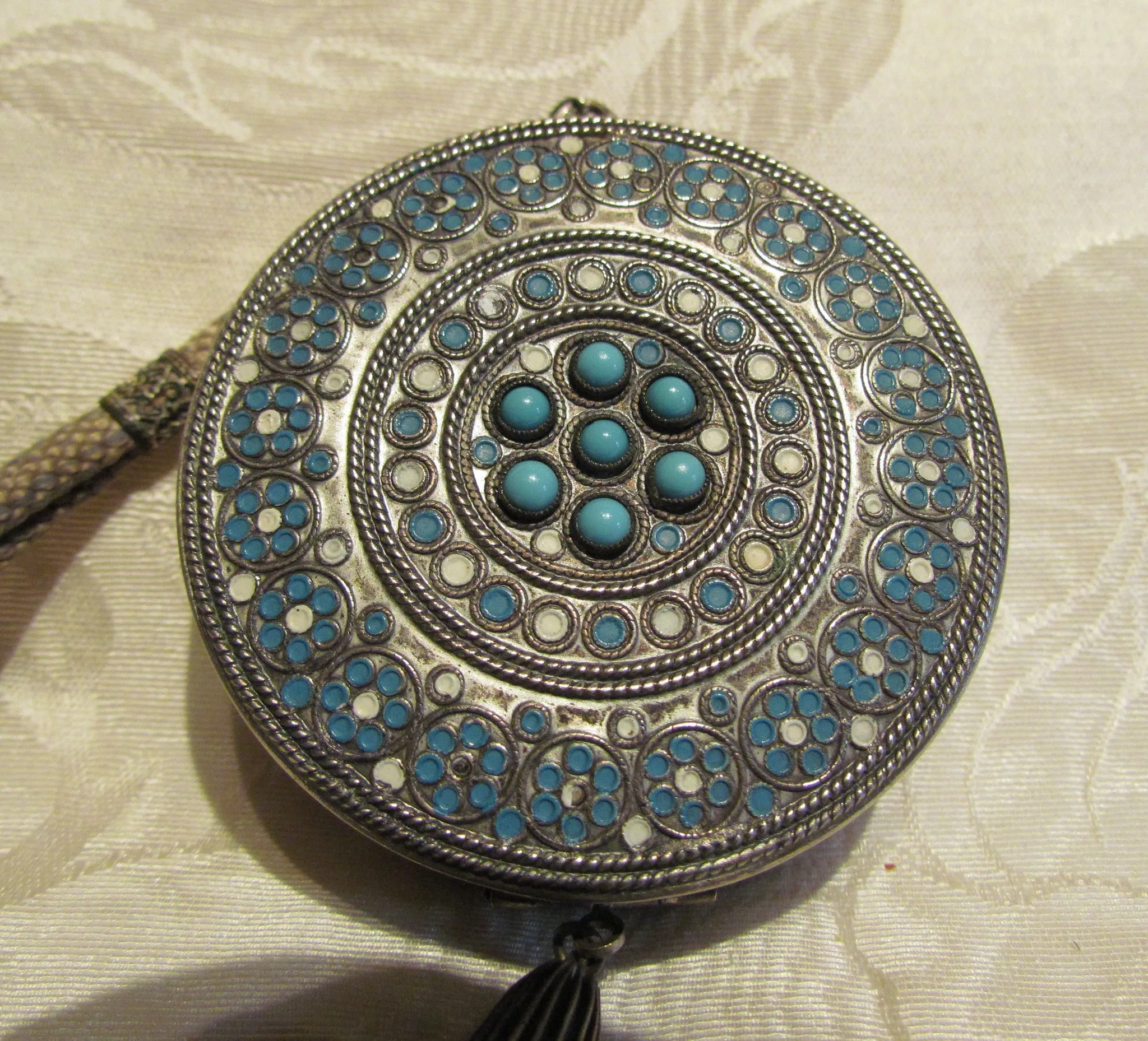 Silver Compact Wristlet Purse Turquoise Stones And Enamel Accents 1800's Powder & Rouge Rare