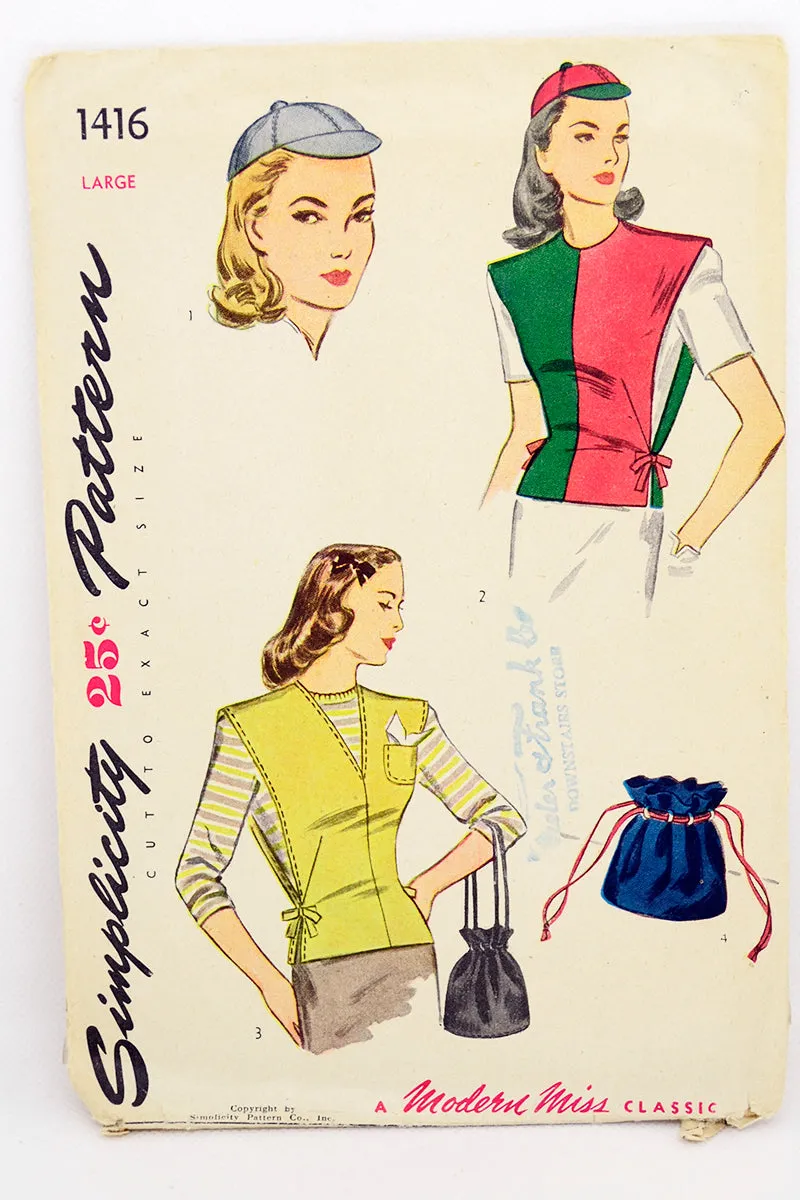 Simplicity 1416 Uncut Vintage 1950s Cap Bag & Jerkin Sewing Pattern