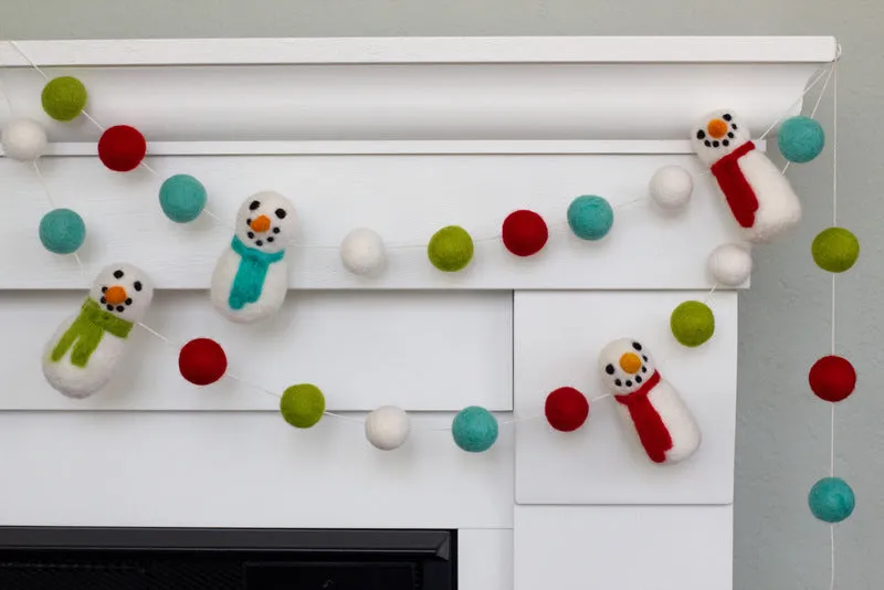 Snowman Felt Christmas Garland- Red, Green, Turquoise