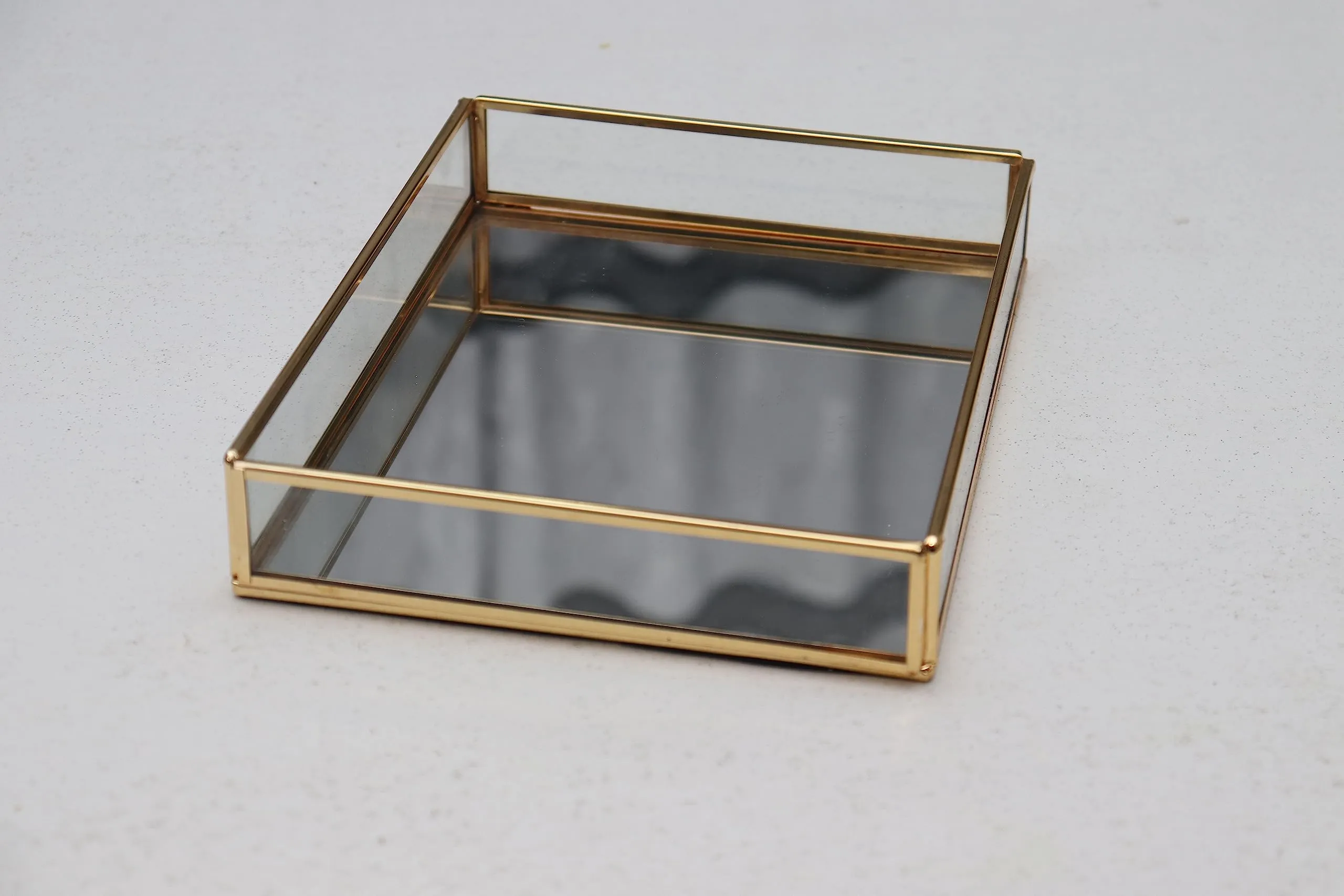 TINITALO Rectangular Glass with Brass Rim Mirror Base Makeup Tray for Home Decor Jewelry Organiser Golden 23X18X4 CM