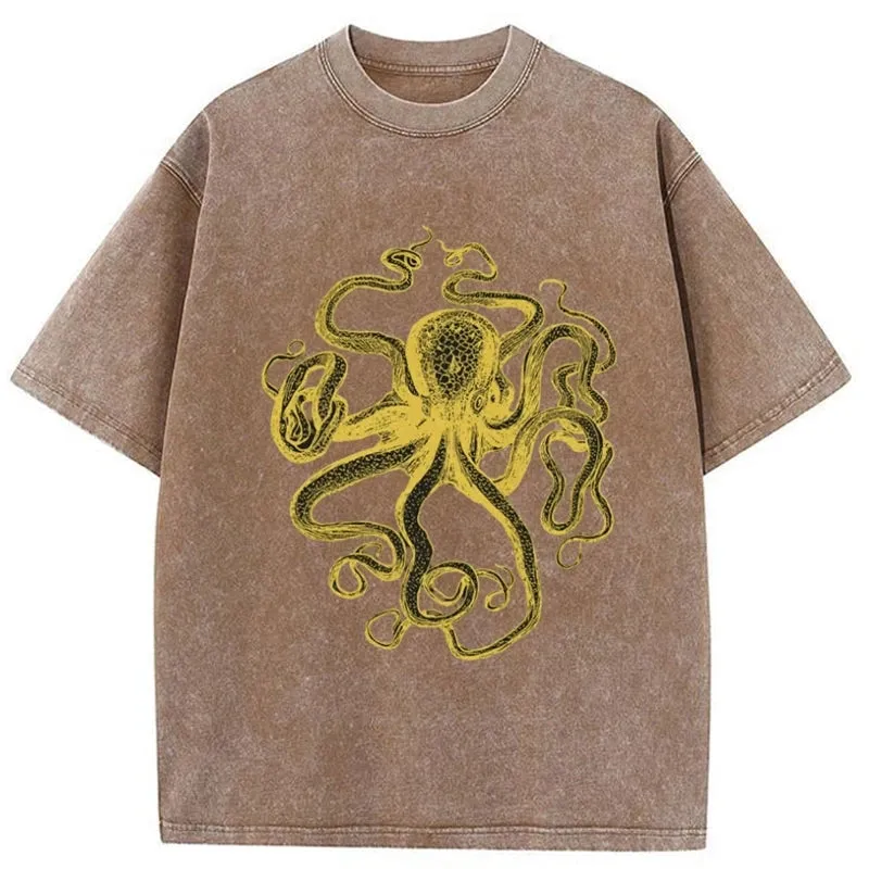 Tokyo-Tiger Golden Octopus Drawing Washed T-Shirt