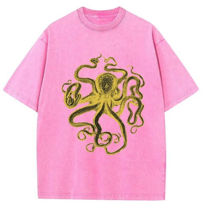 Tokyo-Tiger Golden Octopus Drawing Washed T-Shirt