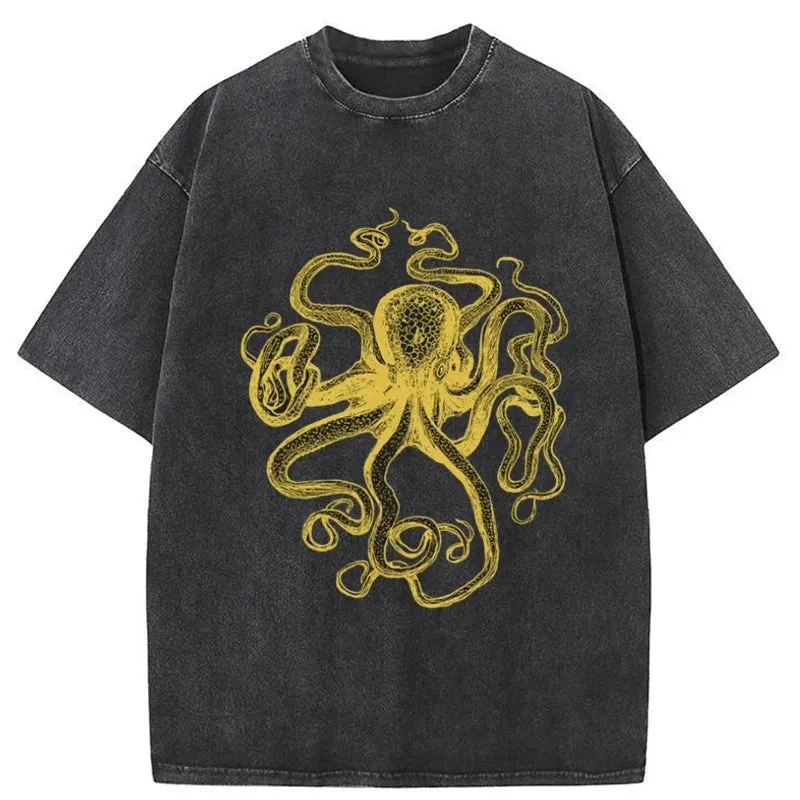 Tokyo-Tiger Golden Octopus Drawing Washed T-Shirt