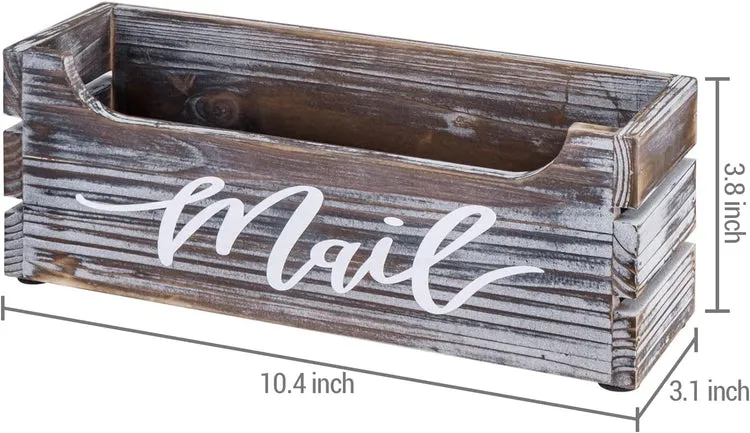 Torched Wood Mail Holder, Office Desktop Crate Organizer with Cursive Writing "Mail" Label