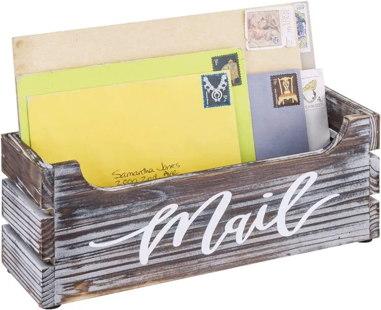 Torched Wood Mail Holder, Office Desktop Crate Organizer with Cursive Writing "Mail" Label