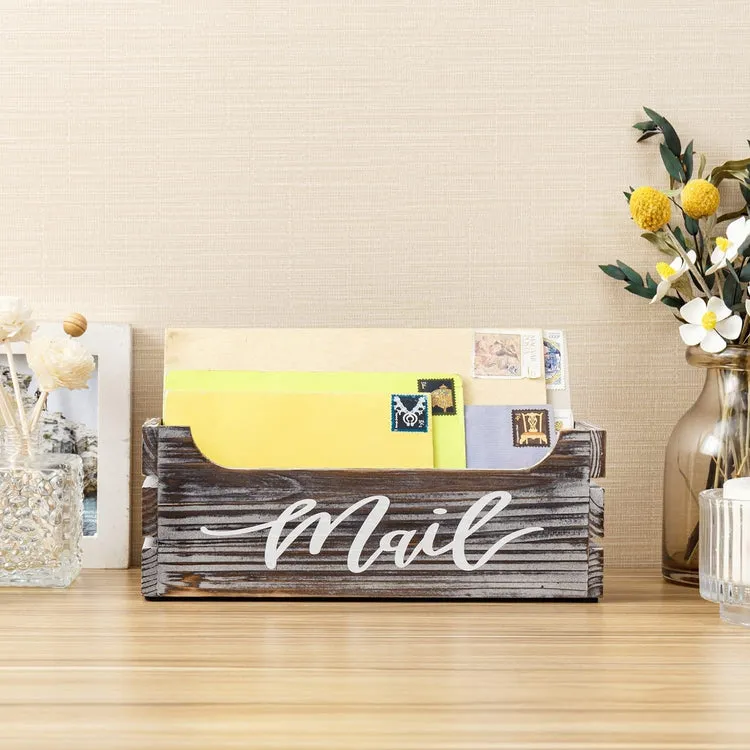 Torched Wood Mail Holder, Office Desktop Crate Organizer with Cursive Writing "Mail" Label