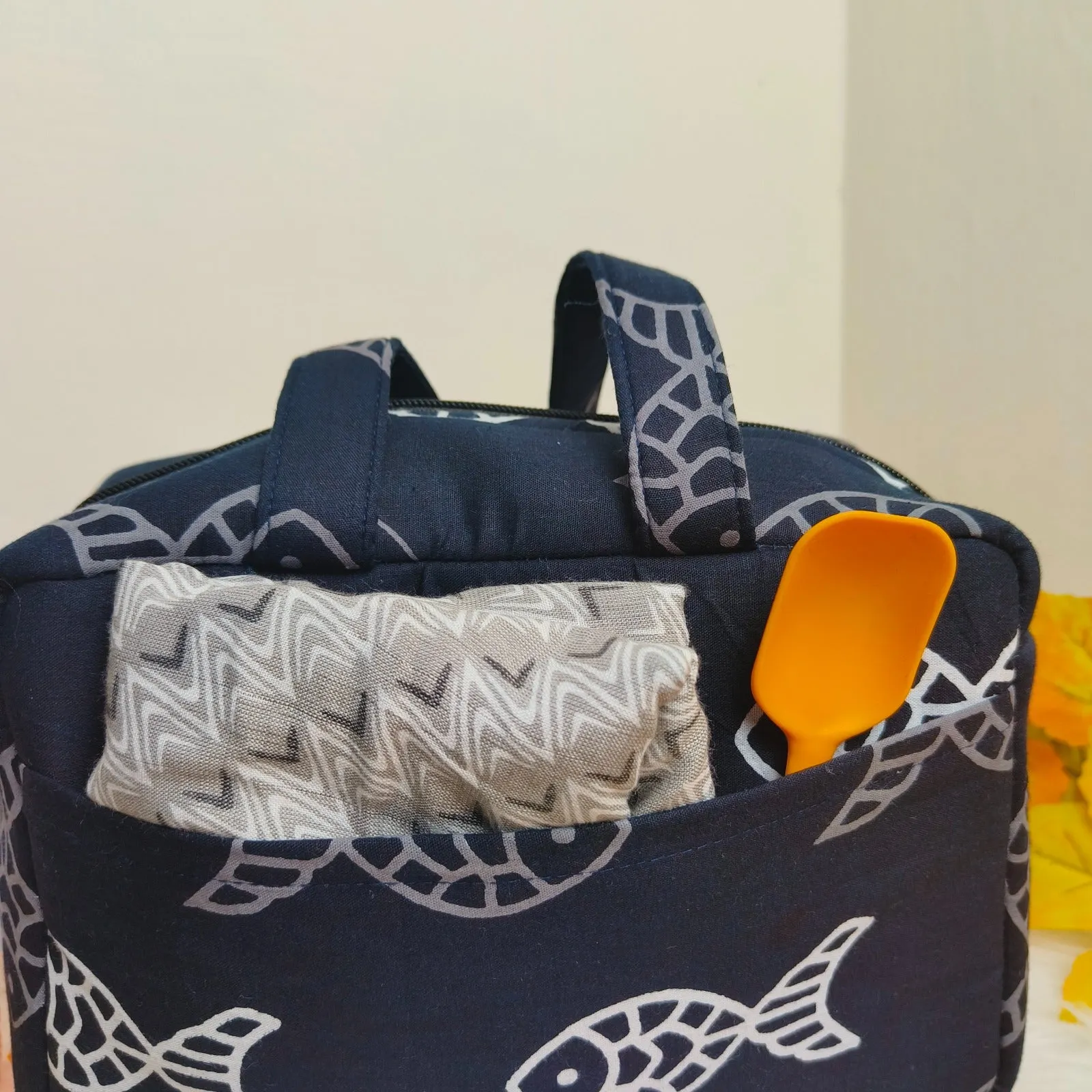 Water Proof Mini Lunch Bag Dark Blue with Fish Prints Design