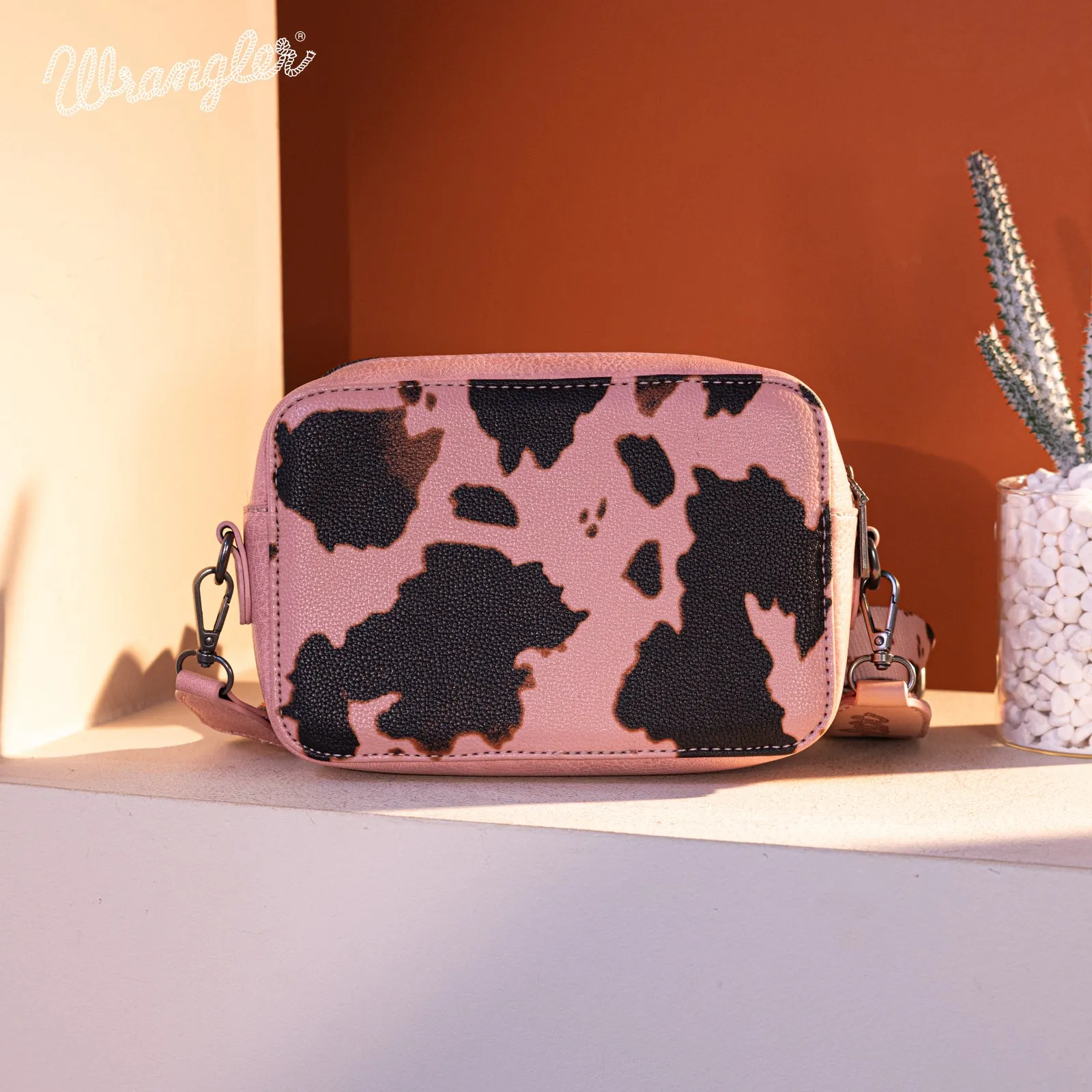 WG133-3003  Wrangler Cow Print Crossbody Purse With Wallet Compartment -Pink