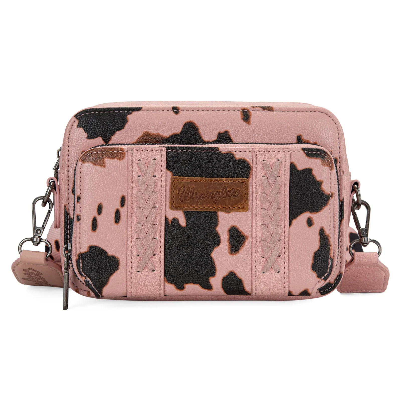 WG133-3003  Wrangler Cow Print Crossbody Purse With Wallet Compartment -Pink