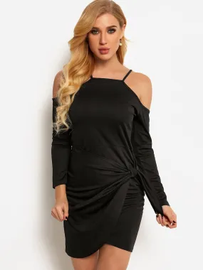 Wholesale Black Cold Shoulder Long Sleeve Plain Self-Tie Mini Dress