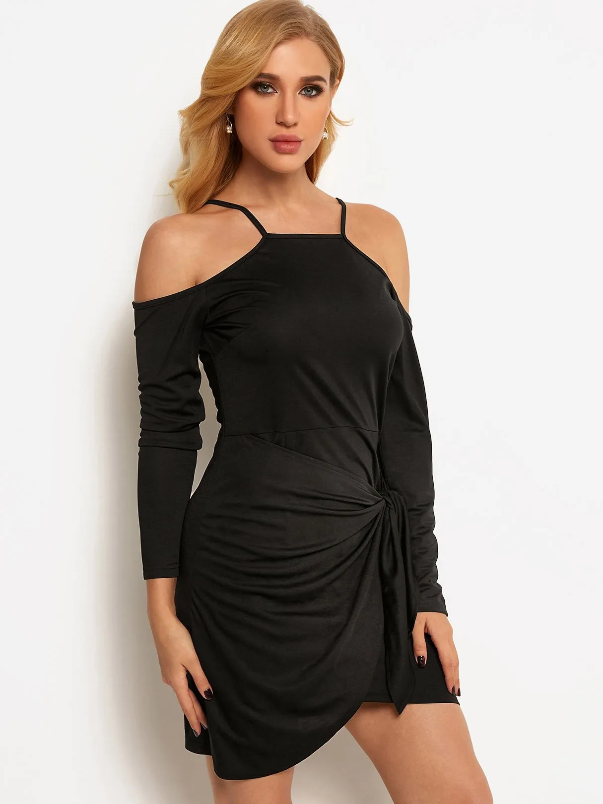 Wholesale Black Cold Shoulder Long Sleeve Plain Self-Tie Mini Dress