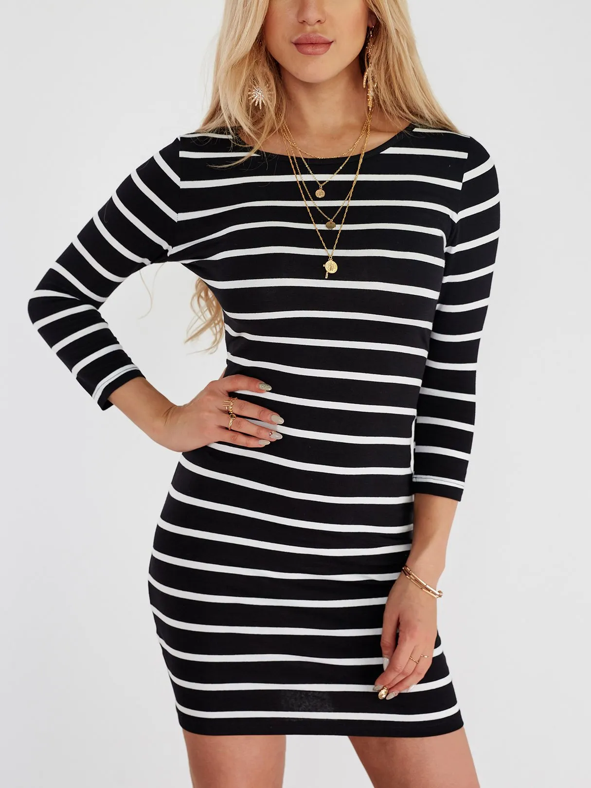 Wholesale Black Round Neck 3/4 Length Sleeve Stripe Mini Dresses