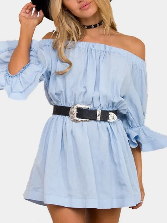 Wholesale Blue Off The Shoulder Long Sleeve Plain Mini Dress