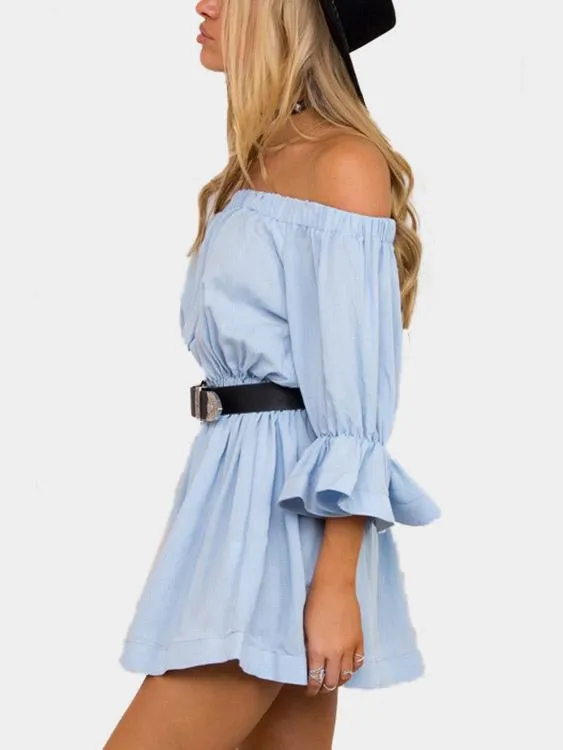 Wholesale Blue Off The Shoulder Long Sleeve Plain Mini Dress