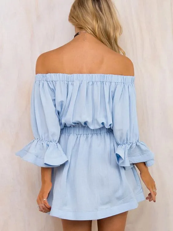 Wholesale Blue Off The Shoulder Long Sleeve Plain Mini Dress