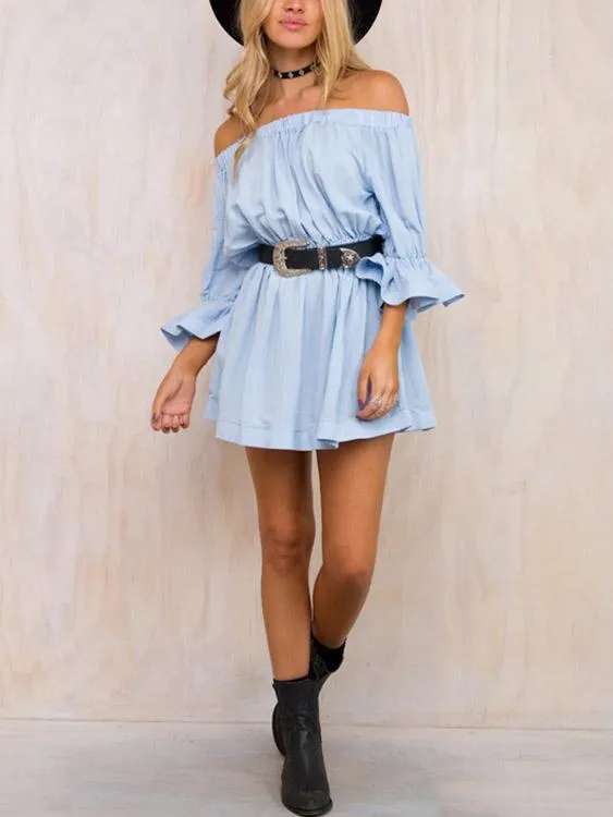 Wholesale Blue Off The Shoulder Long Sleeve Plain Mini Dress