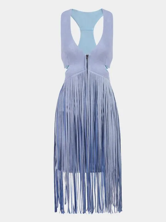 Wholesale Blue V-Neck Sleeveless Tassel Cut Out Mini Dress