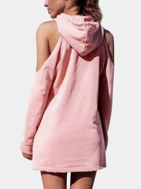 Wholesale Pink Cold Shoulder Pullover Long Sleeve Letter Hooded Mini Dress