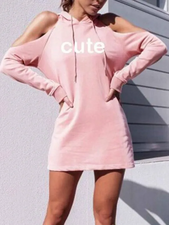 Wholesale Pink Cold Shoulder Pullover Long Sleeve Letter Hooded Mini Dress