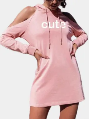 Wholesale Pink Cold Shoulder Pullover Long Sleeve Letter Hooded Mini Dress