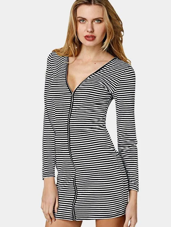 Wholesale Round Neck Long Sleeve Stripe Zip Back Backless Mini Dresses