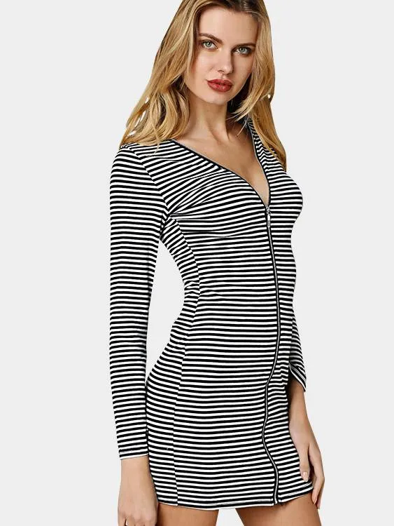 Wholesale Round Neck Long Sleeve Stripe Zip Back Backless Mini Dresses