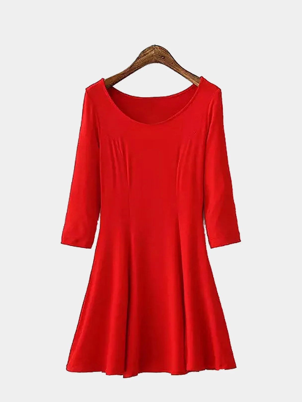 Wholesale Round Neck Plain Long Sleeve Ruffle Hem Red Mini Dress