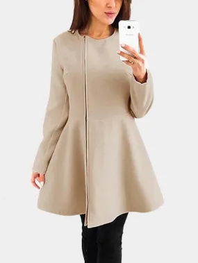 Wholesale Round Neck Zip Back Long Sleeve Ruffle Hem Khaki Mini Dress