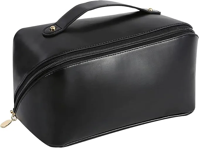 Womens Large Capacity Cosmetic Bag with Wide Opening, Dividers With Handle (Cross Open, Black)